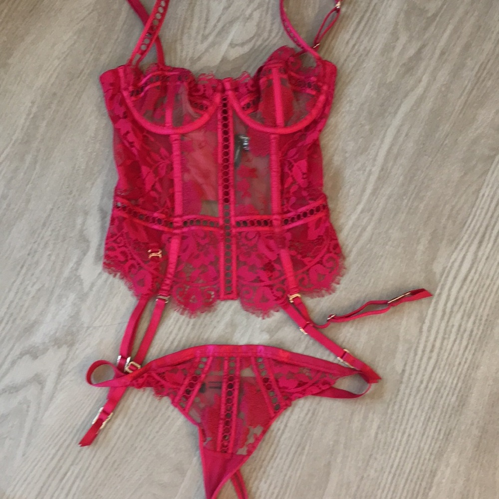 Honey Birdette Red Molly Lace Bustier & Panty Set